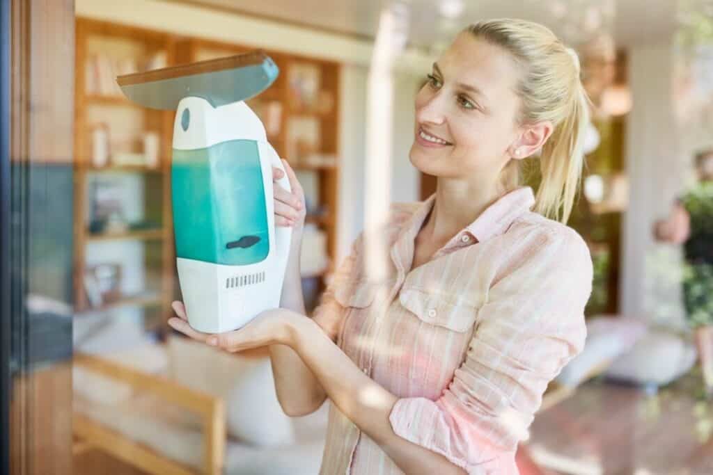 Picture of a woman holding a handheld steam cleaner.