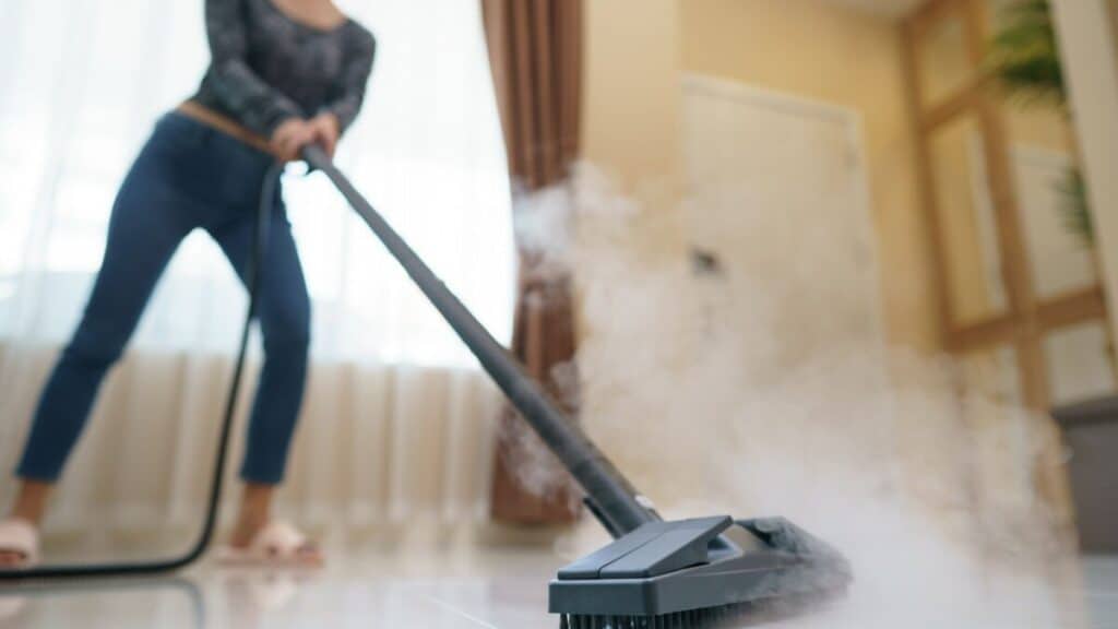 Picture of a woman using a steam mop.