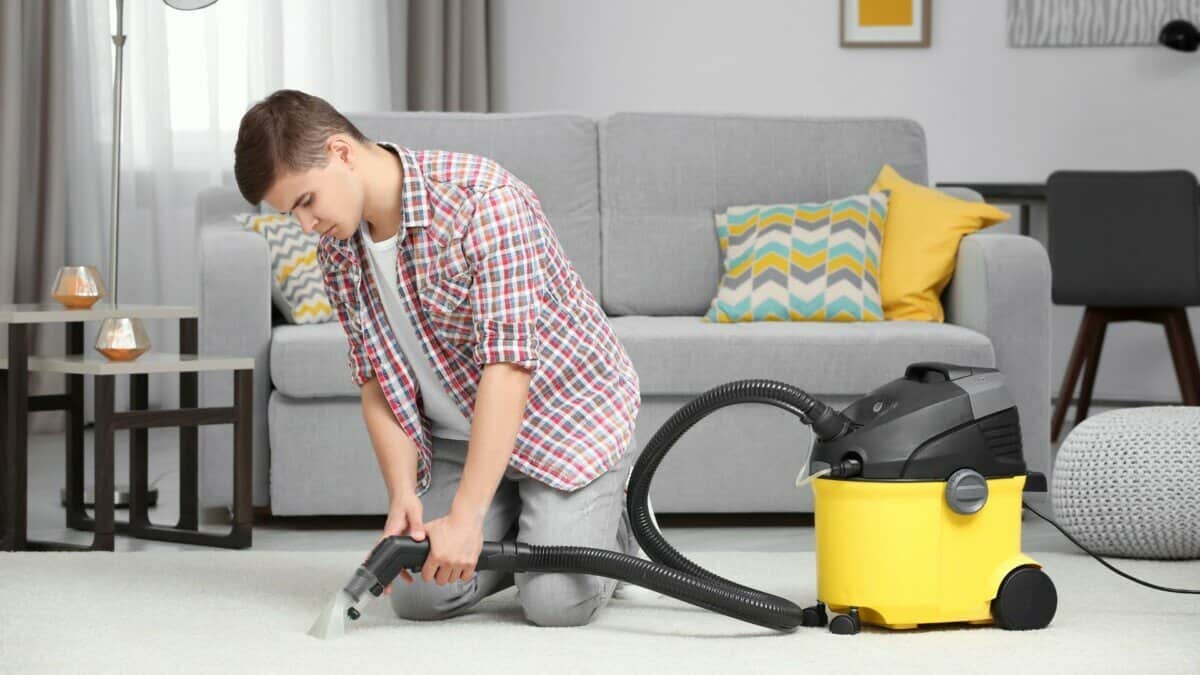 Picture of a man using a dry vapor steam cleaner.